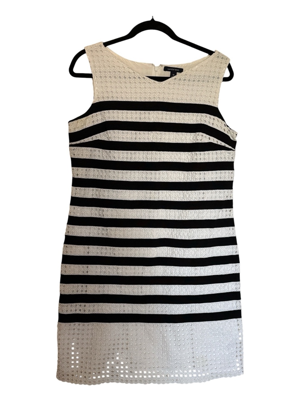 Lands' End shift dress alternating black & textured white eyelet stripes, 12